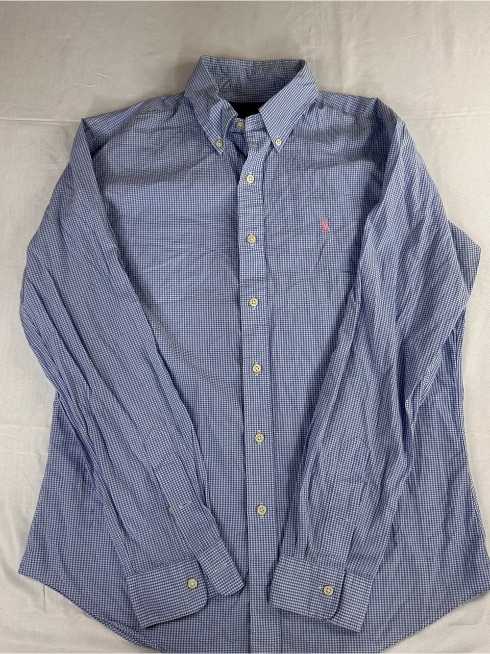 Ralph Lauren Blue and White Gingham Button-Down Shirt with Pink Pony Logo